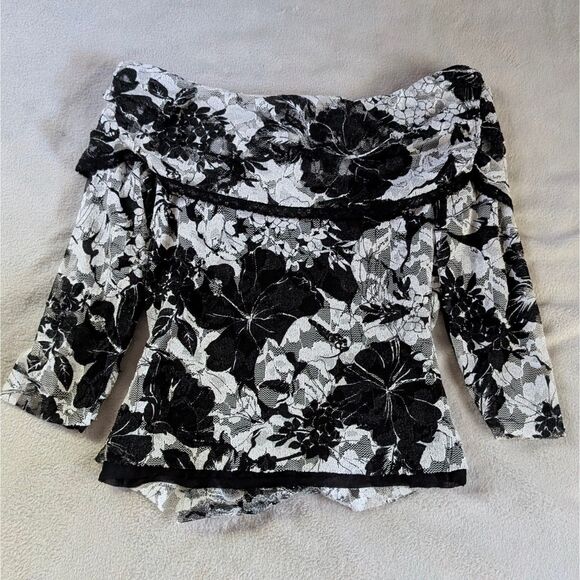 Y2K Lace Off Shoulder Blouse Women's Medium/Large Black White Floral Print - Picture 3 of 7